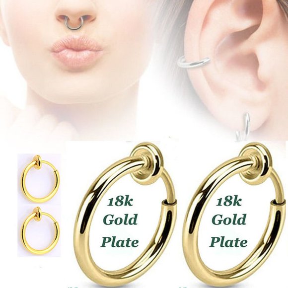 2 18k Plate Spring Clip-on Fake Nose Lip Earrings Body Jewelry Goth-No PAIN! NEW - Picture 1 of 5